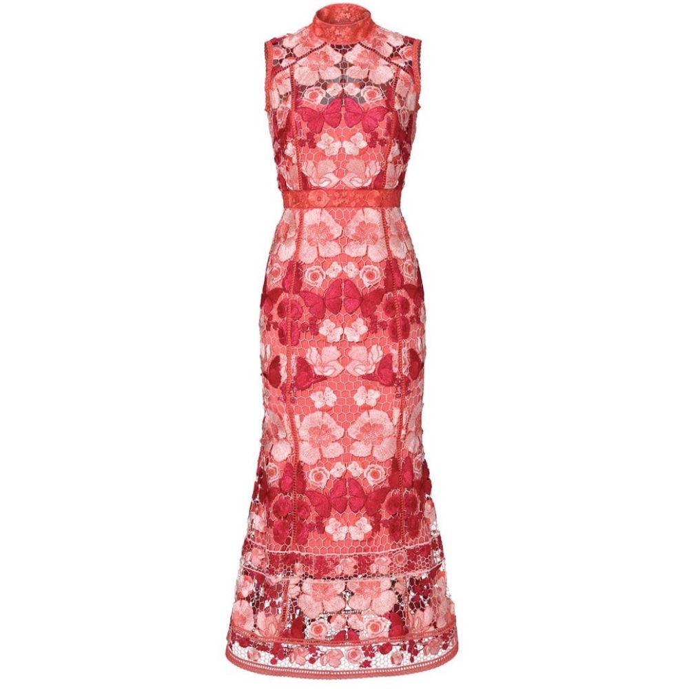 Marchesa Notte Butterfly Lace Midi Dress - White Pink Red - Summer Wedding XS 2